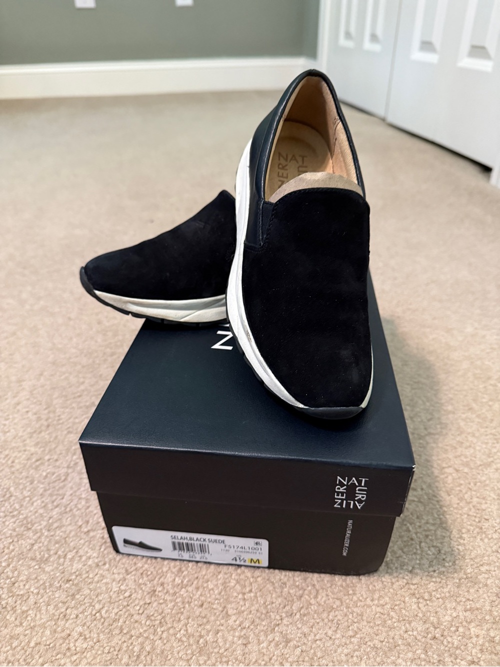 Naturalizer Women’s Black Suede Slip-On Loafers with White Sole